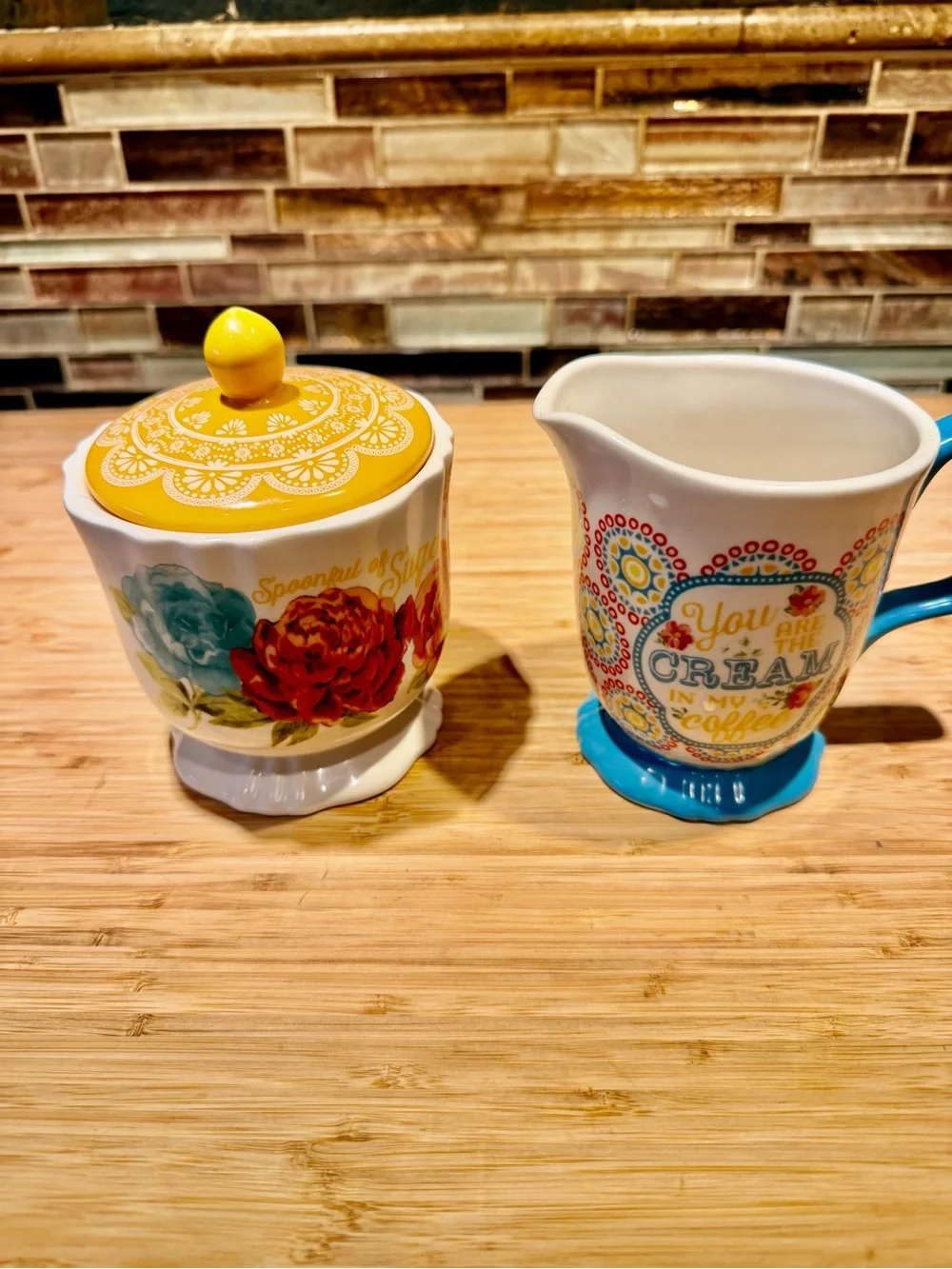 The Pioneer Woman Yellow Floral Sugar Bowl and Blue Creamer Set